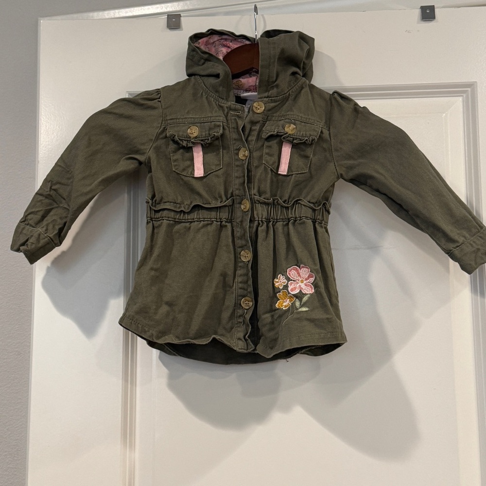 Little Lass Green Olive Jacket Boho Pink Floral Flowers Toddler Girl 3T & Hood